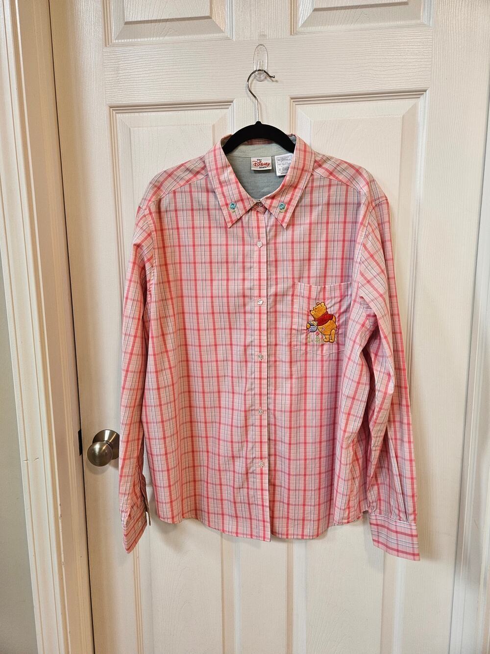 Disney Store Winnie the Pooh Shirt XXL Pink Plaid Embroidered Flowers Cotton